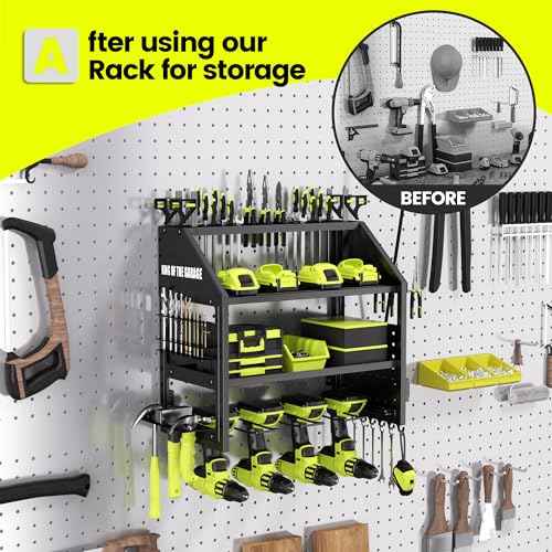 Power Tool Organizer Wall Mount with Charging Station ? King of the Garage, 4 Drill Holders, Heavy Duty Cordless Tool Rack with 4-Outlet Power Strip, Gifts for Him, Birthday Gifts for Men