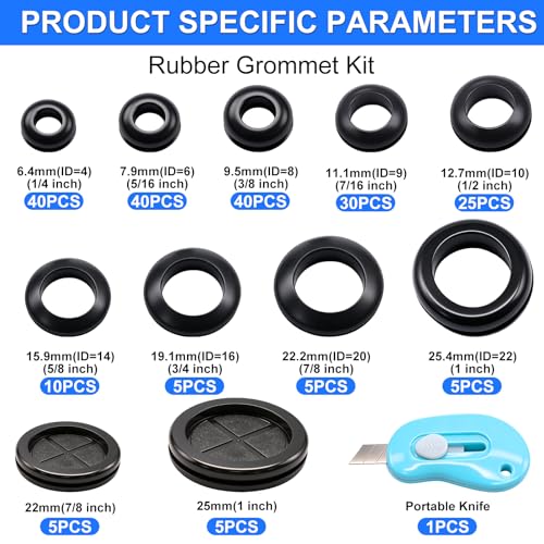 Black 11 Sizes Rubber Grommet Kit for Wire Protection - 210 Pieces