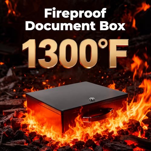 Crinwaki XL Fireproof Document Safe Box with Key Lock - Portable Black Safe for Home & Office