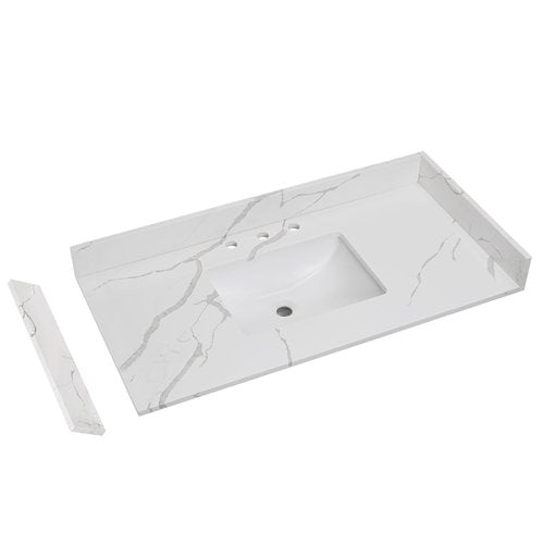 EQLOO 42 in.W x 22 in.D Quartz Calacatta River Vanity Top,with Undermount Middle Sink Vanity Top,with Two Sidesplash & One Backsplash,8 Inch Faucet Hole Spread Bathroom Vanity Sink Countertop