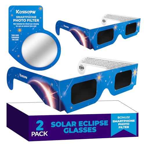 Solar Eclipse Glasses Approved 2024, (2 Pack) CE And ISO Certified Solar Eclipse Observation Glasses, Safe Shades For Direct Sun Viewing, Bonus Smartphone Photo Filter Lens, Blue Stars Design