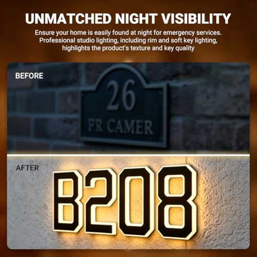 Black 6.7 Inch Solar Lighted House Numbers - Outdoor Address Sign, Auto Dusk-to-Dawn, Waterproof