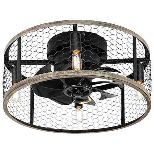 Ohniyou Caged Ceiling Fan with Light - 18'' Small Farmhouse Cage Ceiling Fan Remote Control, Flush Mount Rustic Ceiling Fan for Kitchen Bedroom