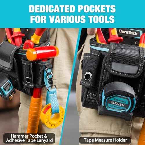 DuraTech Tool Pouch with Belt Clip, Electrician Tool Pouch with Tape Measure Holder & Hammer Loop, Quick Release Buckle, Expandable Support Frame, Ideal for Construction, Carpentry and Handyman Use