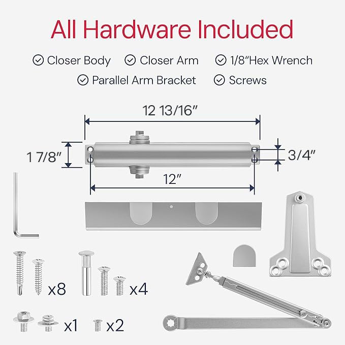 Lawrence Heavy Duty Door Closer Commercial Grade 1 - Adjustable 6-Speed Delayed-Action Door Control with 3 Pistons – Flexible Installation with Included Hardware - Embassy Series LH816