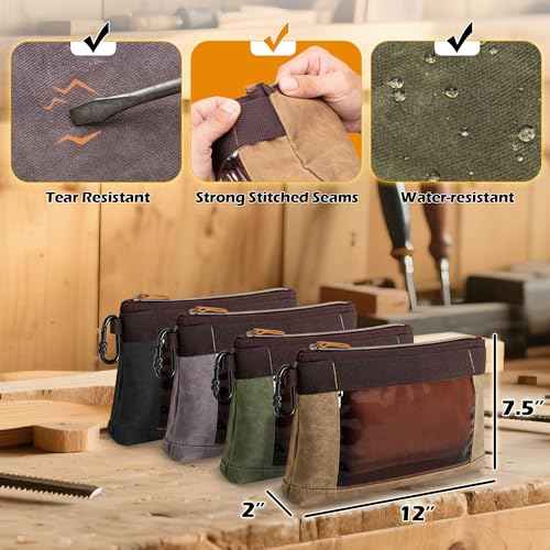 4 Pack Heavy Duty Tool Pouch with Carabiner, 12¡± Canvas Tool Pouch Bag with Clear Window (4 Colors: Black, Gray, Green, Khaki)