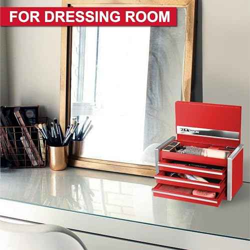 P.I.T. Mini Red Tool Box, Portable 3 Drawer Steel Stackable Tool Box with Magnetic Tab Locking, Red Micro Top Chest with Liner for Tools Storage and Organizers, Home DIY