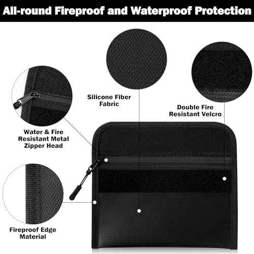 Fireproof Waterproof Document Bag - 5200¡ÆF Water Resistant Fire Proof Money Bag, 3 Layers of Heat Insulated Storage with Zipper, 7.9"x5" Portable Files Safe Pouch for Cash Passport (Black)