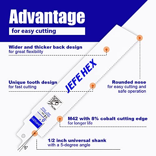 JEFE HEX 5-Piece Reciprocating Saw Blades - 6 Inch 14 TPI Saw Blade Set Bi-Metal Construction with Cobalt for Heavy Duty Metal Cutting and Wood Cutting