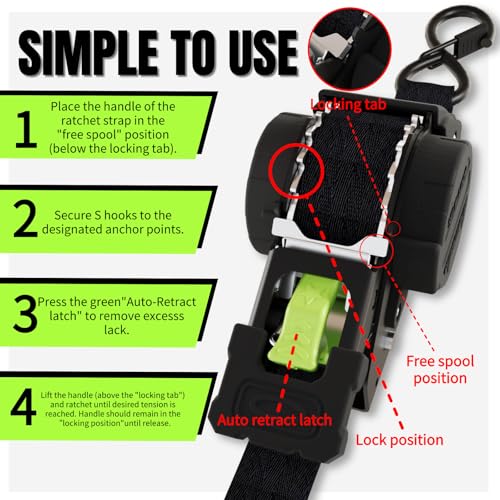 UMIRO Black-Green 2 Pack Heavy Duty 1x12ft Retractable Ratchet Straps for Cargo & Vehicles