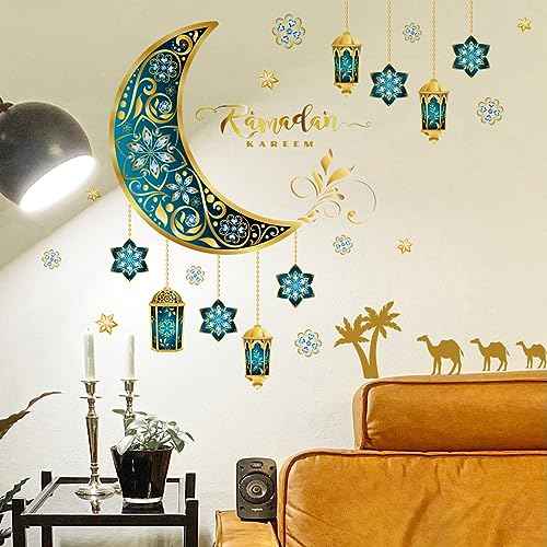 Ramadan Wall Stickers Islamic Muslim Wall Decals Eid Mubarak Ramadan Lantern Moon Star Window Decor for Home Living Room Bedroom Decorations Ramadan Wall Clings (Gold and Blue)