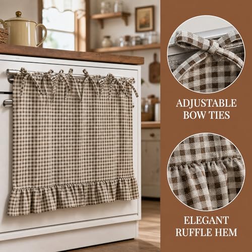 Oven Skirt for Kitchen Decor - Brown White Cotton Linen Stove Cover with Ruffle Trim, Handmade