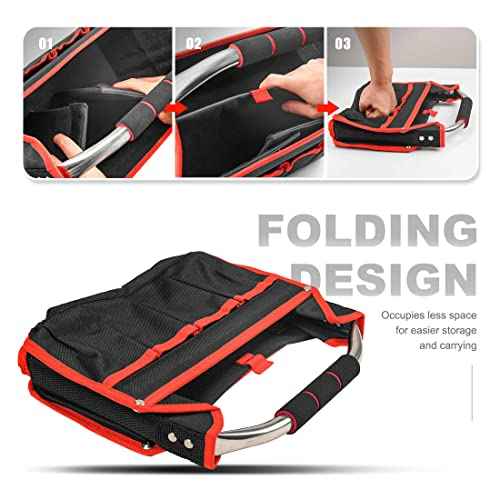 HAUTMEC 13 Inch Tool Bag, Foldable Open Top Tool Tote with Stiff Frame, 8 Pockets, Water-Resistant Molded Base & Padded Handle, Portable Electrician Tool Organizer for DIY & Jobsite Use ? TB0001