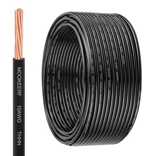 MOOKEERF Black 10 Gauge 50FT THHN Copper Building Wire 600V - Flexible Nylon Jacket
