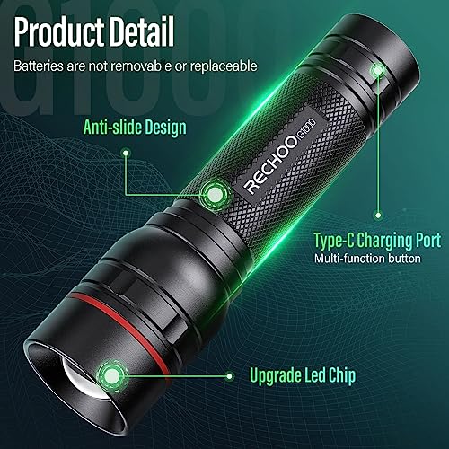 RECHOO Black Rechargeable Tactical Flashlight 2 Pack - Super Bright, 3 Modes, Zoomable LED for Camping & Emergencies
