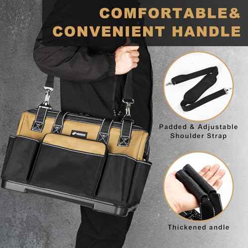 20 IN Large Tool Bag For Men Heavy Duty, Drill Bag Tool Bag Organizer, Wide Mouth Waterproof Hard Bottom Multiple Pockets Tool Tote, Tool Caddy, Maintenance