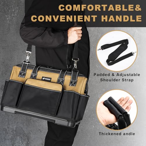 20 IN Large Tool Bag For Men Heavy Duty, Drill Bag Tool Bag Organizer, Wide Mouth Waterproof Hard Bottom Multiple Pockets Tool Tote, Tool Caddy, Maintenance
