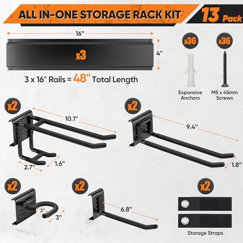48-Inch Heavy Duty Wall Mount Garden Tool Organizer Rack with Adjustable Hooks