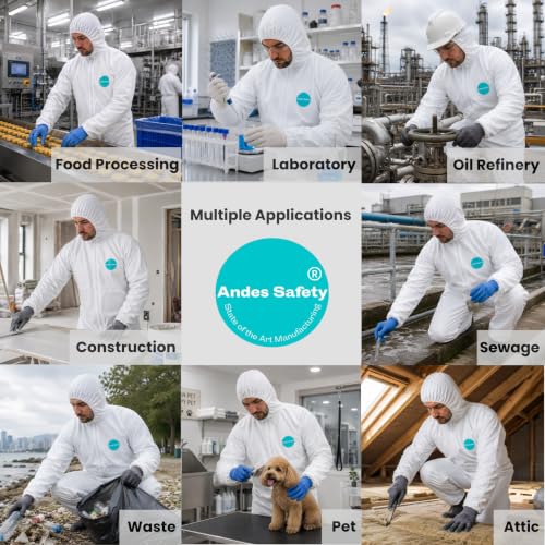 Andes Safety Disposable Hazmat Suit with Hood, X-Large Lab Coverall for Chemical & Paint Protection