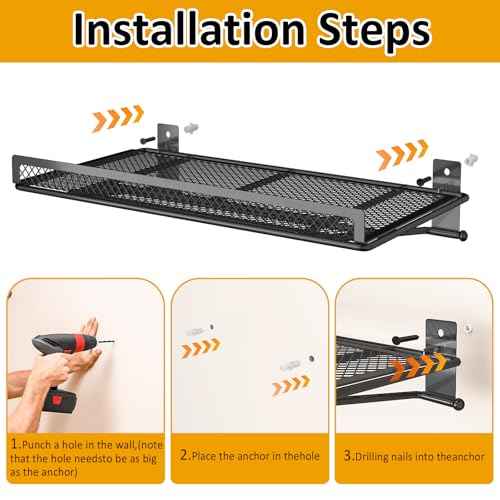 BABKAS 2 Pack Garage Wall Shelving, Metal Garage Wall Shelf with 4 Hooks, Heavy Duty Wall Shelves Mounted for Garage Storage, Laundry Room, Closet and Kitchen | Holds Up to 80 Lbs | 16.5" x 12.2"