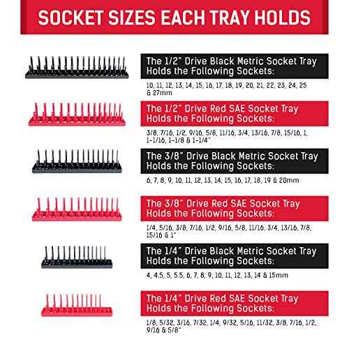 B&C Home Goods Socket Organizers - 6 Piece SAE & Metric Tray Socket Holder - Toolbox Organizers and Storage for ¨ù, ¨ü and ¨ö inch Drive Holder for Mechanics