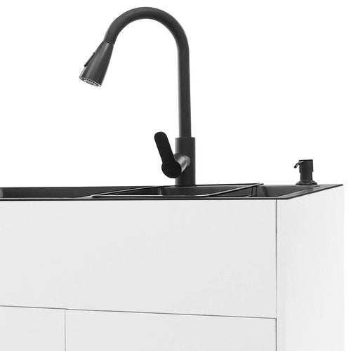 32-Inch Laundry Sink with Cabinet and Pull-Out Sprayer Faucet, Stainless Steel Utility Sink with Soap Dispenser and Drainage Basket, Cabinet with Double Bowl Sink for Laundry Room, Kitchen, Garage