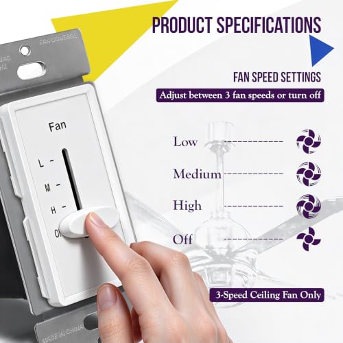 ENERLITES 3-Speed Ceiling Fan Control Switch, Single Pole, White, 1 Pack