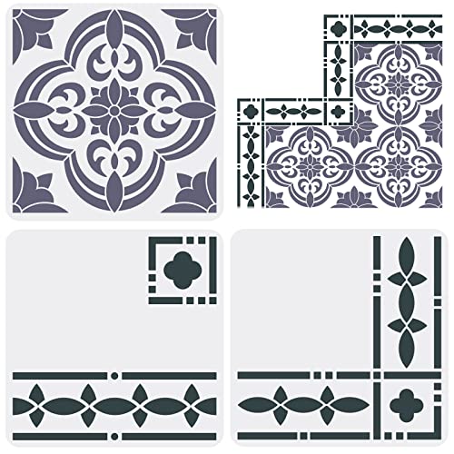 FINGERINSPIRE 3 pcs Santa Ana Tile Stencil 11.8x11.8inch Reusable Floor Tile Stencil Border & Corners Stencils Mandala Floor Tile Stencil Concrete Stencils For Patio, Floor Tile, Wall. Home Decoration