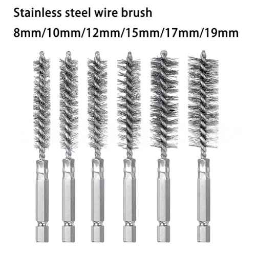 6PCS Stainless Steel Bore Brush Set with 1/4" Hex Shank Twisted Drill Wire Bore Brush Set,Bristles Wire Brush for Power Drill, Different Sizes (8, 10, 12, 15, 17, 19mm) for Rust and Tube Cleaning