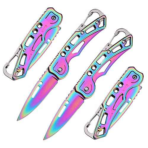 2 Pack Pocket Knife (Multicolored Titanium) with Key Ring Easy To Everyday Carry, Folding Knife Self-Defense