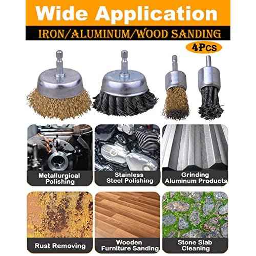 3 Inch Knotted Wire Cup Brush Set, 4PCS Wire Brush for Drill with 1/4'' Hex Shank, Drill Wire Brush Attachment, Suitable for Removing Rust/Corrosion/Paint - Extend Life & Reduced Wire Breakage