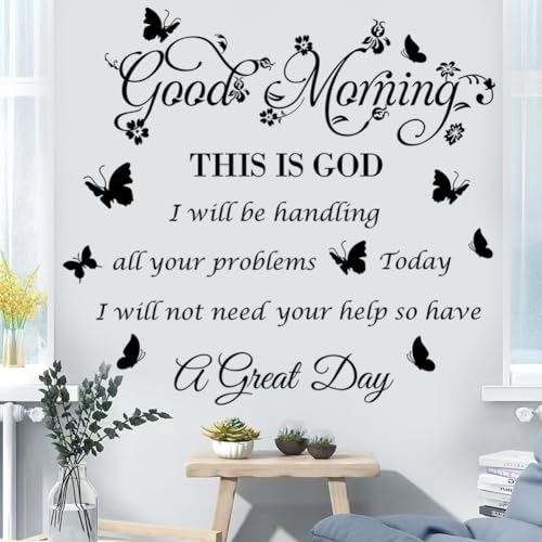Bible Verse Inspirational Quote Good Morning This Is God Wall Stickers - Religious Decals With Flower Butterfly for Bedroom, Living Room, Office, Bathroom Decoration, Black