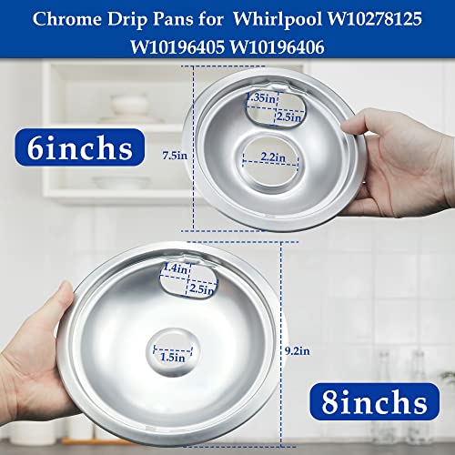 Mejiao 4 Pack 6" & 8" Electric Stove Burner Drip Pans - Chrome Replacement for Whirlpool W10278125 W10196405/06 (Drip Pan New Variant)
