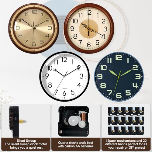 15 Pack Clock Mechanism Replacement Kit with 20 Pairs of Clock Hands, Thread Length 3/8 in+1/2 in+5/8 in