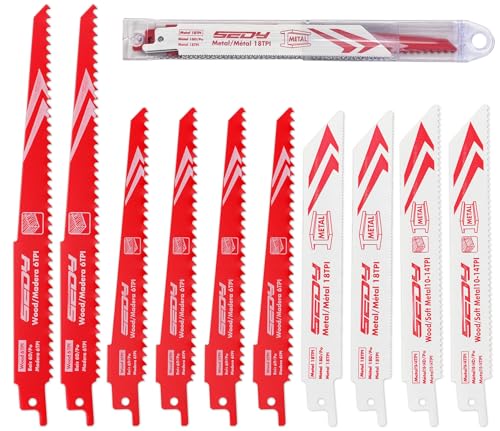 SEDY 10-Piece Reciprocating Saw Blade Set with Storage Box - Multi-Size Wood & Metal Cutting Blades, Straight Variants