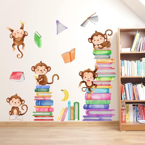 Monkey Wall Decals Animals Monkey Reading Books Wall Stickers for Baby Nursery Bedroom Classroom Wall Decor