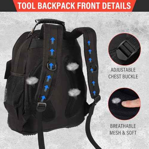 Tool Backpack Heavy Duty Tool Bag with Padded Shoulder and Removable Tool Organizer backpack tool bag with Multiple Pockets for Electrician, Plumber, HVAC, Cable Repairman