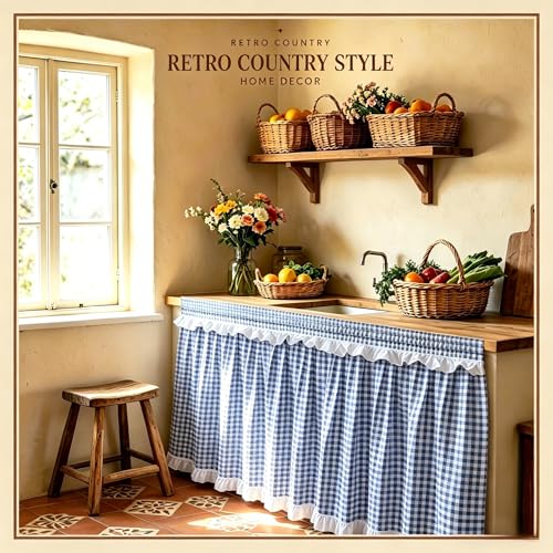 Blue Ruffle Gingham Under-Sink Curtain, 55x32in - Self-Gripping Cotton-Linen Farmhouse