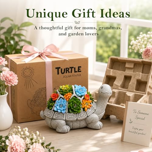 Grey Solar Turtle Garden Statue with Succulent & 7 LED Lights for Outdoor Decor