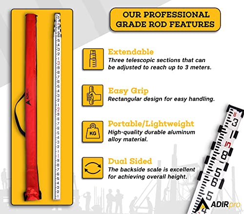 AdirPro 16FT 10ths Aluminum Leveling Rod - Dual-Sided 5-Section Telescopic with Bubble Level & Soft Case