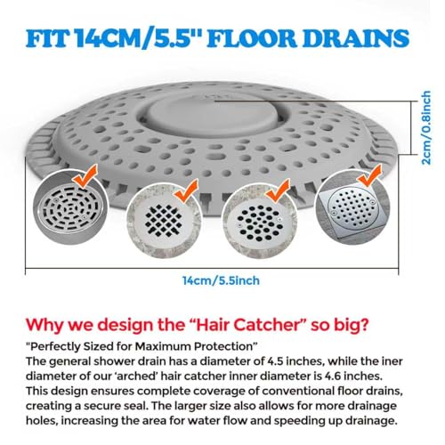 Zaa 5.5 Inch Silicone Drain Cover for Flat Floor Shower & Bathroom Drains - Gray