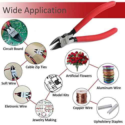 6 inch Side Cutter - Diagonal and Spring Loaded Wire Cutters with Non-slip Red Handle, Ideal for Jewelry, Crafting, Zip Tie, Heavy Duty,1 Pack