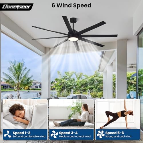 Conciseer Black 72 Inch Modern Ceiling Fan with Light & Remote Control