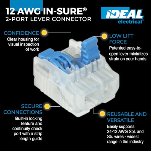 Ideal In-Sure Lever Wire Connector 2-Port 12-24 AWG, Box of 150, Model 30-10L22