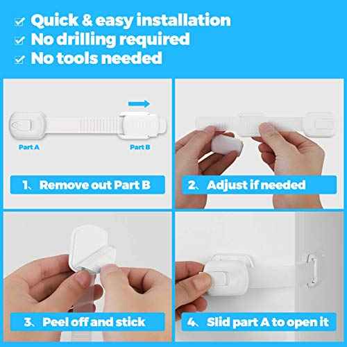 Child Safety Strap Locks for Cabinet, Fridge, Ovens, Toilet, Drawer, Trash can etc with Strong Adhesive Not Easy to Fall Off, Adjustable Length, 2 Packs