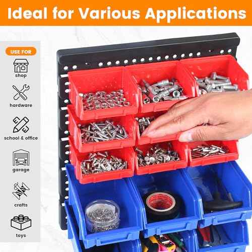 MaxWorks 80694 30-Bin Wall Mount Parts Rack/Storage for your Nuts, Bolts, Screws, Nails, Beads, Buttons, Other Small Parts,Blue and Red