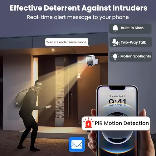HITELLARCAM 2K Wireless Outdoor Security Camera White - 1 Pack, 2.4G/5G WiFi, Battery Powered, Waterproof, Night Vision, Motion Detection, Siren Alarm