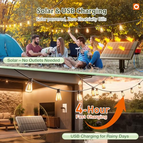 addlon 52FT Solar String Lights Outdoor Waterproof Dimmable 16+1 LEDs with Remote & USB Charging