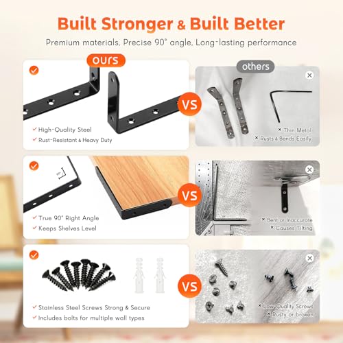 WINKER Heavy Duty Black Shelf Brackets 8 Pack 5 x 3 Inches Support Up to 35lb