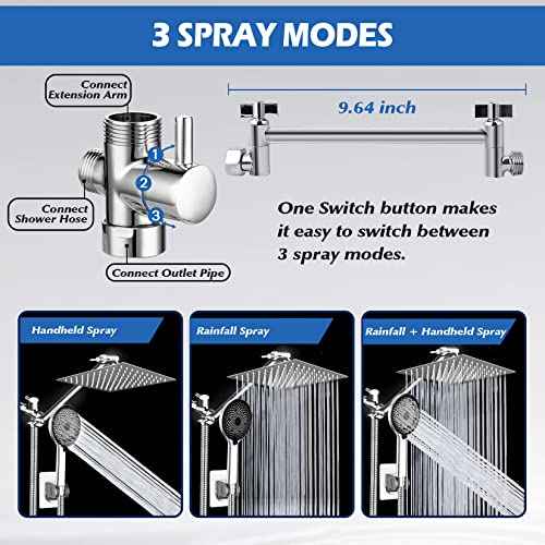 Shower Head,8¡±Rain Shower Head with Handheld Spray Combo with 11'' Angle Adjustable Extension Arm/Flow Regulator/Shower System,High Pressure Rainfall Shower Head Bathroom,Chrome
